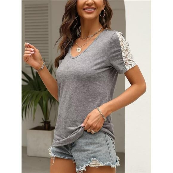 Womens Lace Short Sleeve V Neck T Shirts Summer Casual Tops Loose Fit Tees - Picture 2 of 6